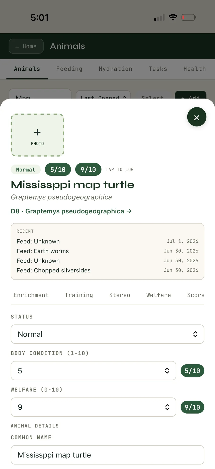 Murphy animal record showing a profile with recent feedings and tabs for info, feeding, hydration, health, and enrichment.