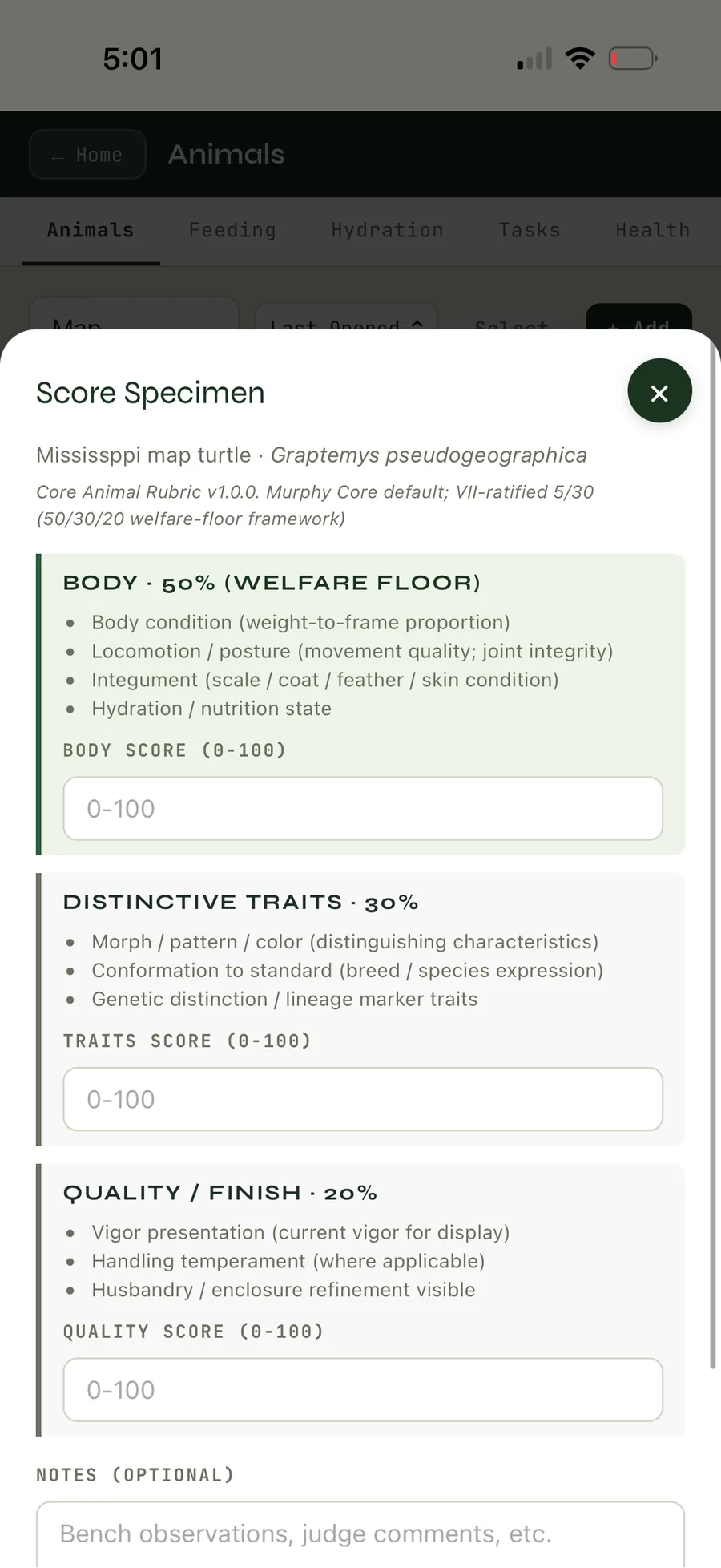 Murphy Score Specimen screen showing body 50 percent, distinctive traits 30 percent, and quality/finish 20 percent.