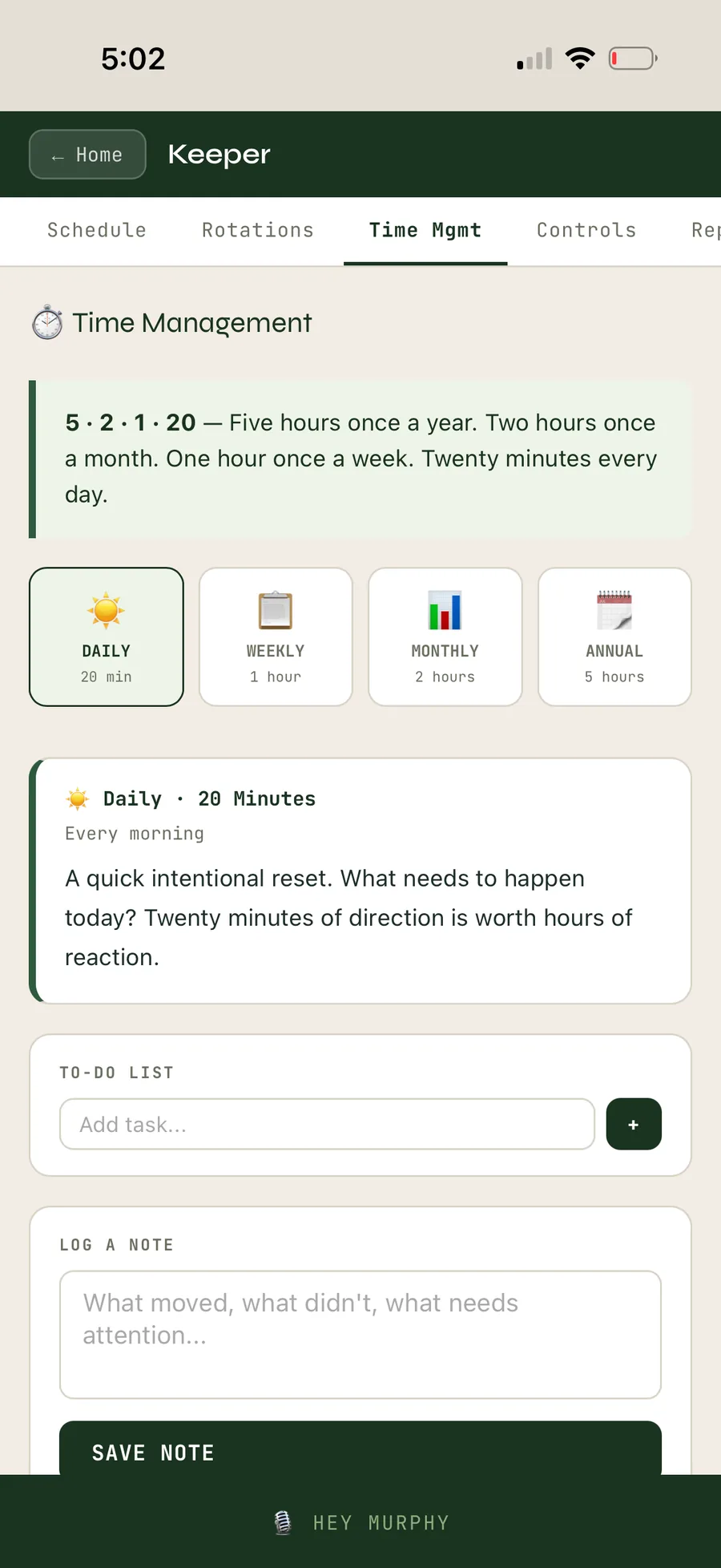 Murphy Time Management screen showing daily, weekly, monthly, and annual rotation cards.
